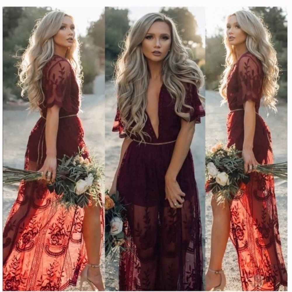 Honey Punch Burgundy Lace Maxi Romper